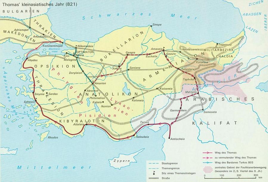 Wege des Thomas-Heeres im Jahr 821