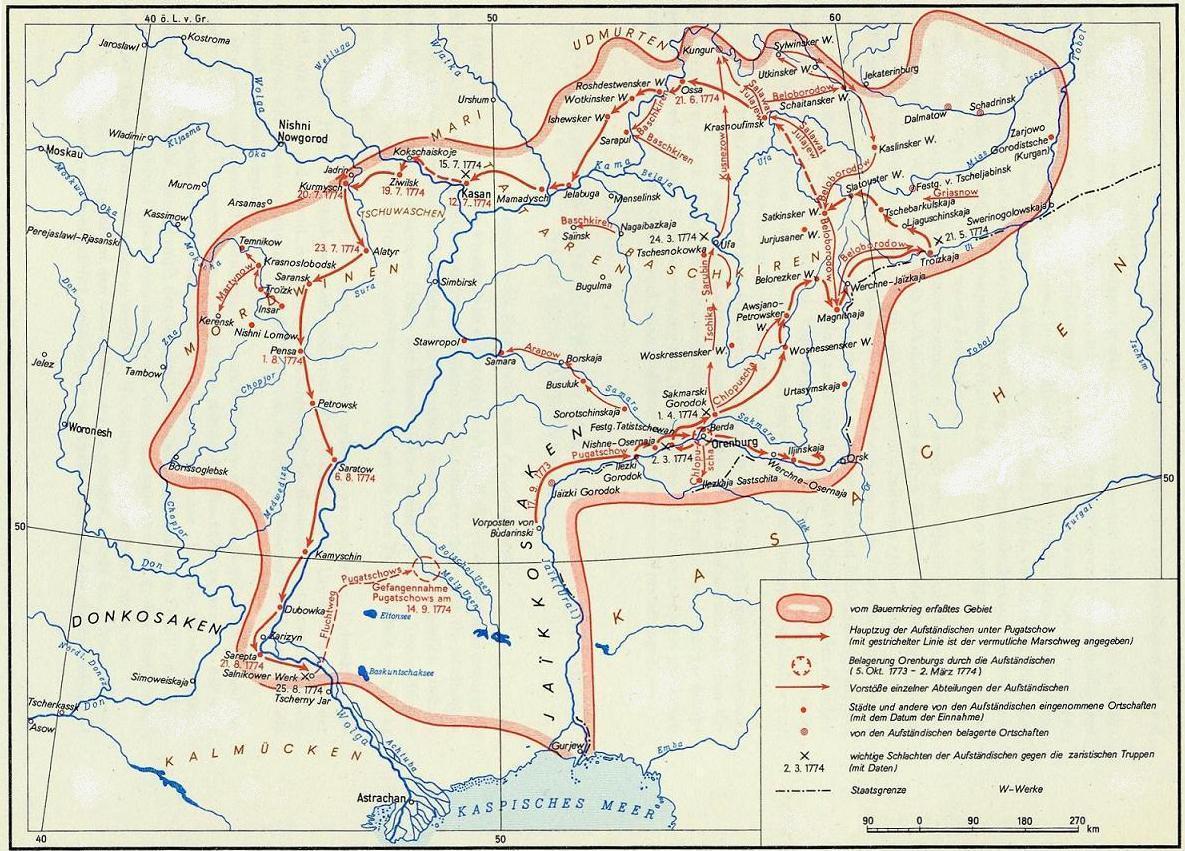 Karte zum Russischen Bauernkrieg unter Jemeljan Pugatschow 